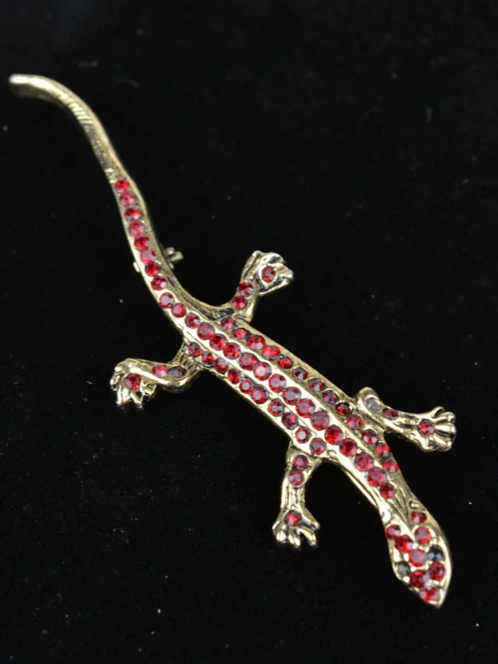 Vintage Red Rhinestone Lizard Brooch Pin Antique Gold Tone Gecko Salamander 3